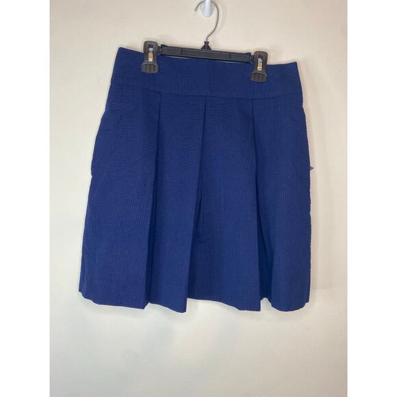 NWT Lauren James Navy Blue Seersucker Pleated Skirt Pockets Preppy Medium - Picture 2 of 11